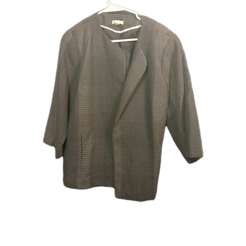 Eileen Fisher Organic Cotton Notched Open Front Blazer Size Large  Black White..